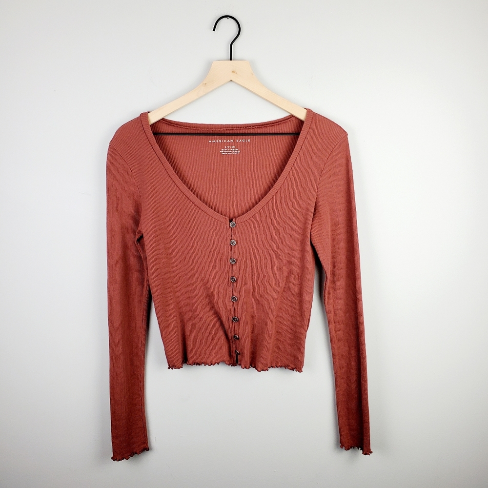American Eagle Red Orange Button Long Sleeve Small